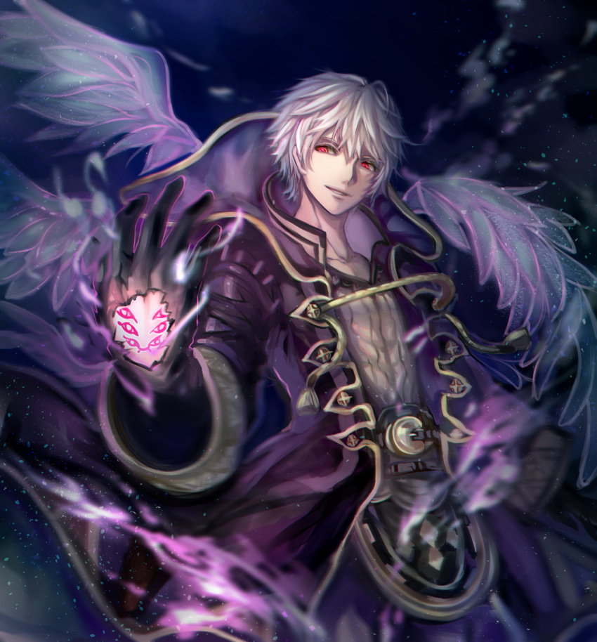 1boy artist_request cape dark_persona evil_smile fire_emblem fire_emblem:_kakusei fire_emblem_heroes gimurei gloves highres hood looking_at_viewer male_focus male_my_unit_(fire_emblem:_kakusei) mamkute my_unit_(fire_emblem:_kakusei) red_eyes robe short_hair simple_background smile solo white_hair