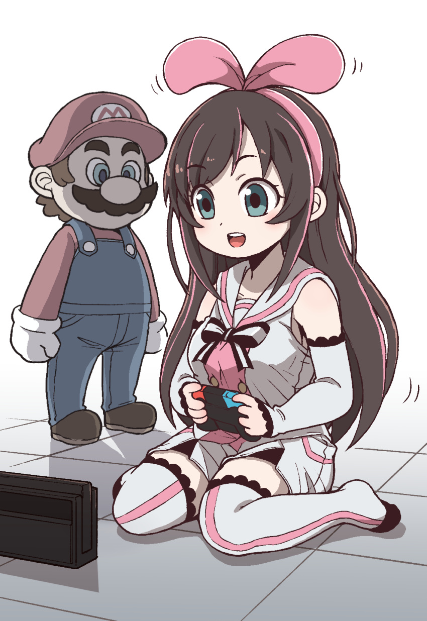 1boy 1girl a.i._channel blue_eyes bow brown_footwear brown_hair commentary detached_sleeves eyebrows_visible_through_hair facial_hair gloves hair_bow hairband hat highres kizuna_ai long_hair mario super_mario_bros. multicolored_hair mustache nazonazo_(nazonazot) nintendo open_mouth overalls pink_bow pink_hair red_hat red_shirt sailor_collar shaded_face shirt shorts smile streaked_hair super_mario_bros. teeth thigh-highs virtual_youtuber white_gloves