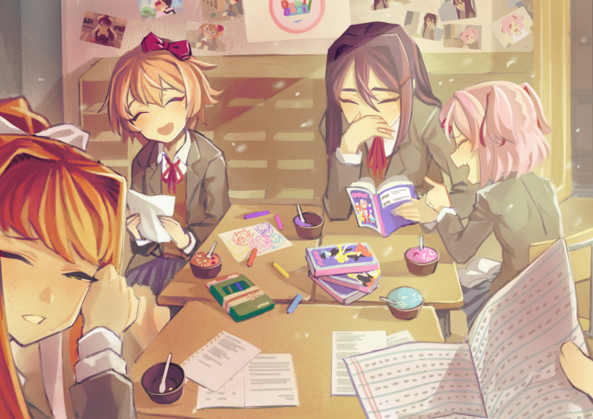 4girls :d absurdres bangs blazer blue_skirt book book_on_lap bow brown_hair chair classroom closed_eyes collared_shirt commentary copyright_name covering_mouth crayon cupcake day desk doki_doki_literature_club facing_viewer food grey_jacket grin hair_between_eyes hair_bow hair_intakes hair_ornament hairclip hand_over_own_mouth hand_up head_tilt highres holding holding_book holding_paper indoors jacket laughing light_particles long_hair long_sleeves monika_(doki_doki_literature_club) multiple_girls natsuki_(doki_doki_literature_club) neck_ribbon open_mouth paper photo_(object) pink_hair pleated_skirt pointing ponytail pov pov_hands protagonist_(doki_doki_literature_club) purple_hair red_bow red_neckwear red_ribbon ribbon sayori_(doki_doki_literature_club) school school_chair school_desk school_uniform shirt short_hair sidelocks sitting skirt smile spoon sunlight tagme teeth wetryuuyiop white_bow white_ribbon white_shirt wing_collar yuri_(doki_doki_literature_club)