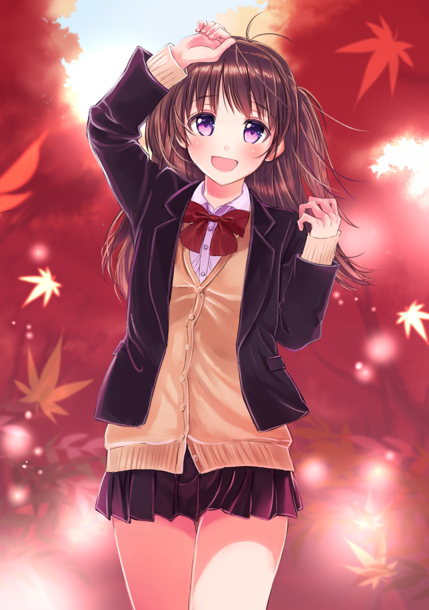 1girl :d absurdres akiyama_sunao antenna_hair arm_up autumn autumn_leaves black_jacket black_skirt blush bow bowtie brown_hair cowboy_shot dress_shirt eyes floating_hair highres jacket long_hair miniskirt open_clothes open_jacket open_mouth original pleated_skirt red_bow shirt skirt smile solo standing sweater violet_eyes white_shirt yellow_sweater