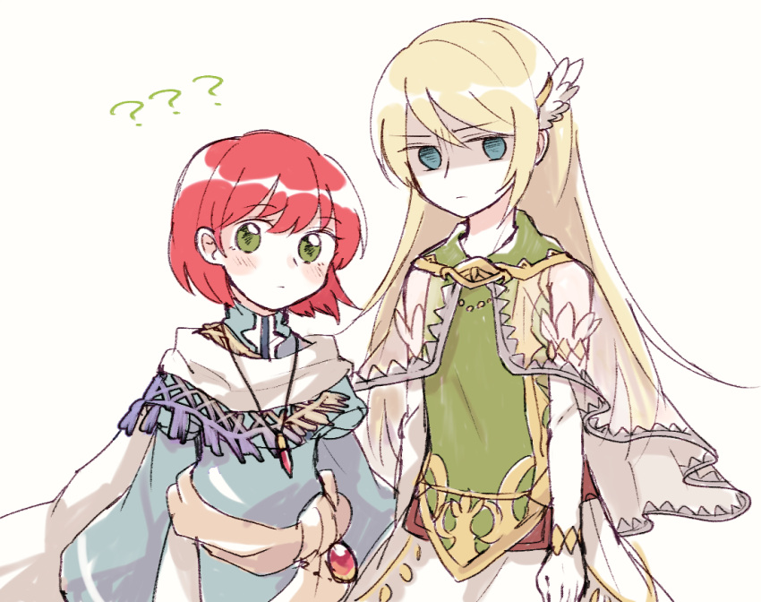 1boy 1girl ?? androgynous blonde_hair blue_eyes blush_stickers bridal_gauntlets capelet cloak cosplay costume_switch crossdressinging dress feathers fire_emblem fire_emblem:_rekka_no_ken gloves green_dress green_eyes hair_feathers jewelry long_hair lucius pendant priscilla_(fire_emblem) redhead robe sash see-through shaded_face short_hair simple_background sisuko1016 skirt trap upper_body white_background white_gloves wide_sleeves