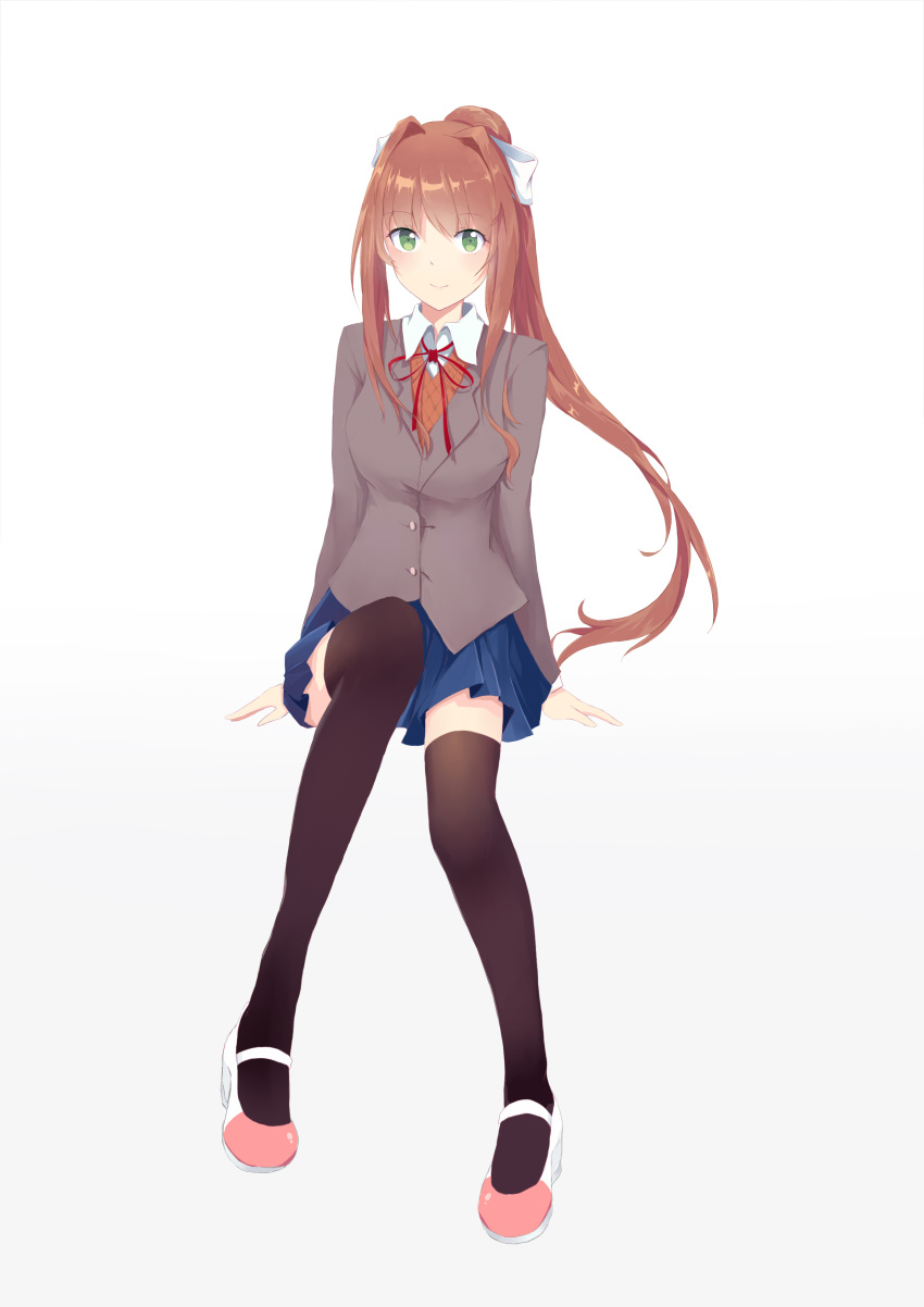 1girl absurdres bangs black_legwear blue_skirt bow breasts brown_hair closed_mouth collared_shirt commentary_request doki_doki_literature_club eyebrows_visible_through_hair full_body green_eyes grey_jacket gumengyao hair_bow hair_intakes highres jacket long_hair long_sleeves looking_at_viewer medium_breasts monika_(doki_doki_literature_club) neck_ribbon pleated_skirt ponytail red_neckwear ribbon school_uniform shiny shiny_hair shirt shoes sidelocks simple_background sitting skirt smile solo thigh-highs uwabaki very_long_hair vest white_background white_bow white_footwear white_shirt wing_collar zettai_ryouiki