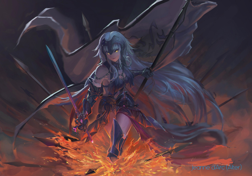 armor armored_boots armored_dress bare_shoulders black_dress black_gloves boots breasts chains dress dual_wielding fate/grand_order fate_(series) fire flag fur_trim gauntlets gloves headpiece highres holding holding_flag holding_sword holding_weapon jeanne_d'arc_(alter)_(fate) jeanne_d'arc_(fate)_(all) large_breasts navel silver_hair stomach sword thighs ushas weapon yellow_eyes