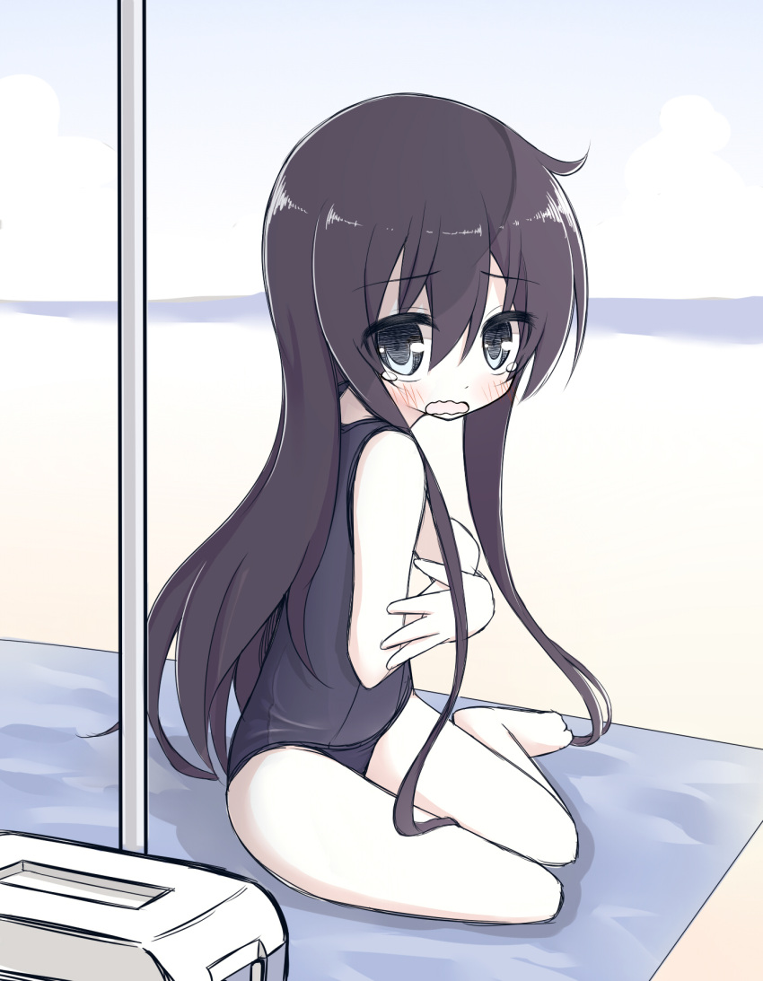 1girl akatsuki_(kantai_collection) ayanepuna bangs bare_arms bare_legs bare_shoulders barefoot beach blue_eyes blue_swimsuit blush day eyebrows_visible_through_hair hair_between_eyes highres kantai_collection long_hair looking_at_viewer looking_to_the_side one-piece_swimsuit open_mouth outdoors purple_hair sand school_swimsuit solo swimsuit tears very_long_hair wavy_mouth