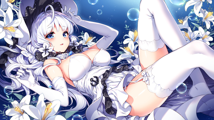 1girl anchor azur_lane bangs bare_shoulders blue_eyes blush breasts bubble cleavage commentary_request detached_collar dress elbow_gloves eyebrows_visible_through_hair flower garter_straps gloves hat illustrious_(azur_lane) large_breasts long_hair looking_at_viewer lying mole mole_under_eye nardack on_back parted_lips short_dress simple_background solo strapless strapless_dress thigh-highs very_long_hair white_dress white_gloves white_hair white_legwear