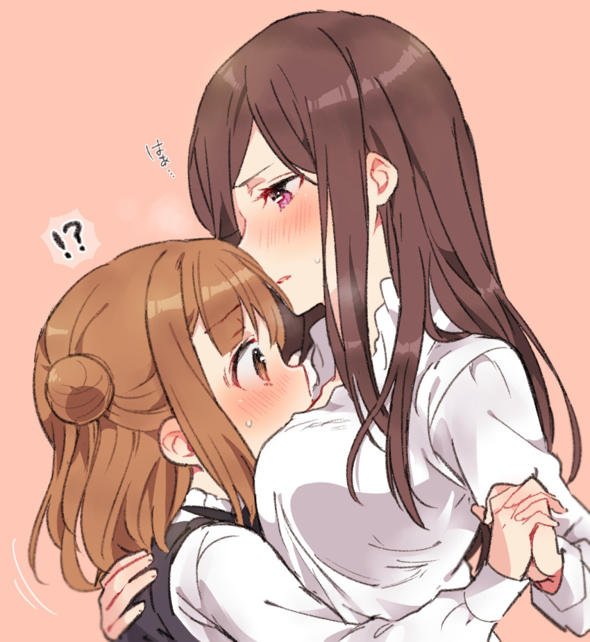 2girls absurdres beatrice_(princess_principal) blonde_hair blush brown_eyes brown_hair dorothy_(princess_principal) double_bun highres hug long_hair merry_(168cm) multiple_girls princess_principal simple_background violet_eyes