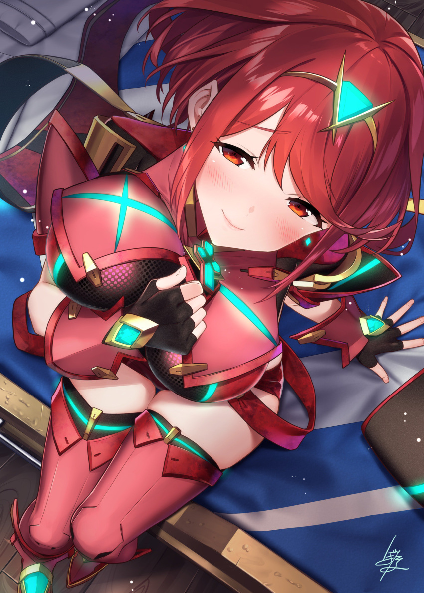 1girl absurdres armor baffu bangs bed between_breasts black_gloves blanket blush boots breast_lift breasts fingerless_gloves foreshortening from_above gem gloves glowing half-closed_eyes hand_between_breasts hand_on_own_chest head_tilt headpiece highres pyra_(xenoblade) impossible_clothes indoors large_breasts lips looking_at_viewer looking_up on_bed pauldrons pillow red_eyes red_footwear red_shorts redhead shiny shiny_hair short_shorts shorts shoulder_armor signature sitting skindentation solo swept_bangs thigh-highs thigh_boots thigh_gap unaligned_breasts wooden_floor wrist_guards xenoblade_2