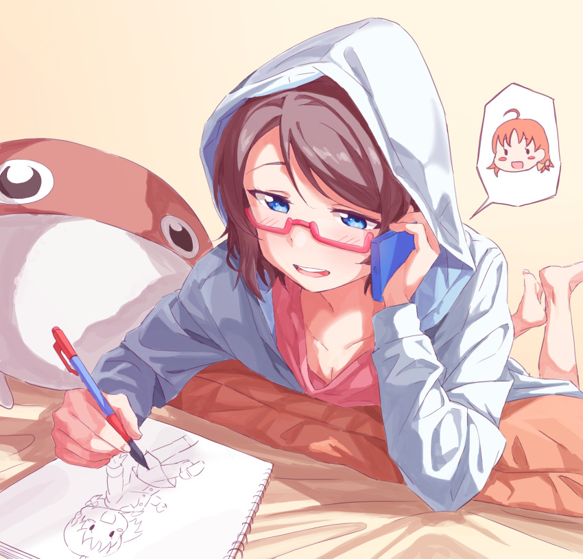 1girl absurdres barefoot bed_sheet blue_eyes blue_jacket character_pillow drawing feet_up gamjolno half-closed_eyes highres holding holding_phone hood hood_up hooded_jacket jacket love_live! love_live!_sunshine!! lying mechanical_pencil on_stomach open_mouth pencil phone pillow red-framed_eyewear semi-rimless_eyewear sketchbook smile solo spoken_person takami_chika talking_on_phone tan_background uchicchii under-rim_eyewear watanabe_you