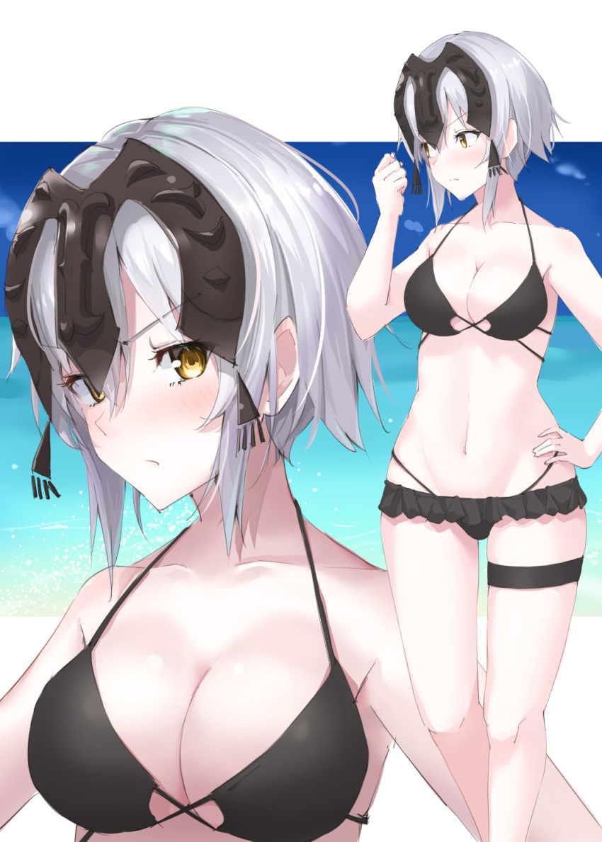 1girl :/ bangs bare_arms bare_shoulders beach bikini bikini_skirt black_bikini blue_sky blush breasts cleavage clenched_hand close-up closed_mouth collarbone commentary_request eyebrows_visible_through_hair fate/grand_order fate_(series) frown groin hair_between_eyes hand_on_hip hand_up headpiece highleg highleg_bikini highres hiyoko_(pixiv16803940) jeanne_d'arc_(alter)_(fate) jeanne_d'arc_(fate)_(all) large_breasts looking_at_viewer looking_away looking_to_the_side multiple_views navel ocean outdoors pale_skin shiny shiny_hair short_hair side_glance silver_hair sky standing stomach swimsuit thigh_strap upper_body v-shaped_eyes yellow_eyes