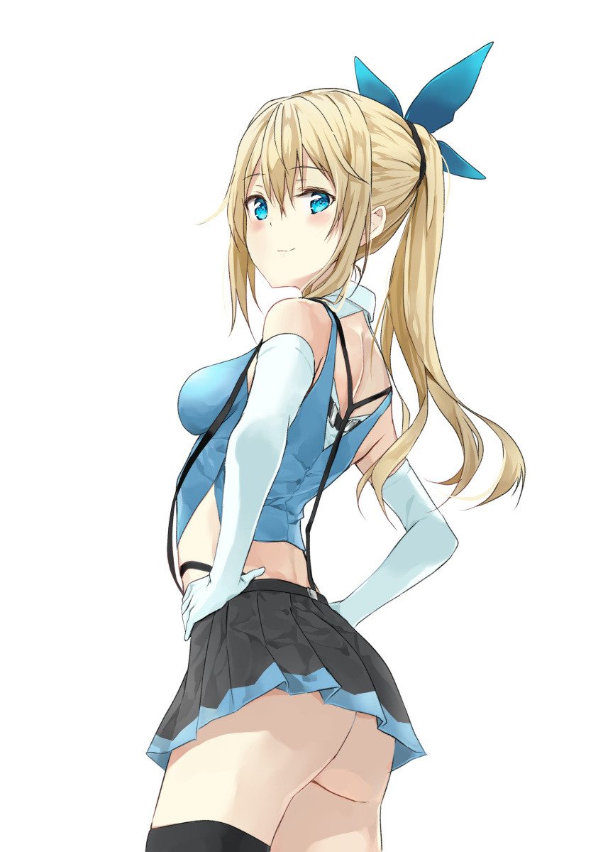 1girl absurdres ass back_cutout bare_shoulders black_skirt blonde_hair blue_eyes blue_ribbon blush breasts cleavage closed_mouth commentary_request cowboy_shot elbow_gloves from_side fujisaki_ribbon gloves hair_ribbon half-closed_eyes hands_on_hips highres legs_together long_hair looking_at_viewer medium_breasts miniskirt mirai_akari mirai_akari_project no_panties pleated_skirt ponytail ribbon shoulder_blades simple_background single_thighhigh skirt sleeveless smile solo standing suspender_skirt suspenders thigh-highs virtual_youtuber white_background white_gloves