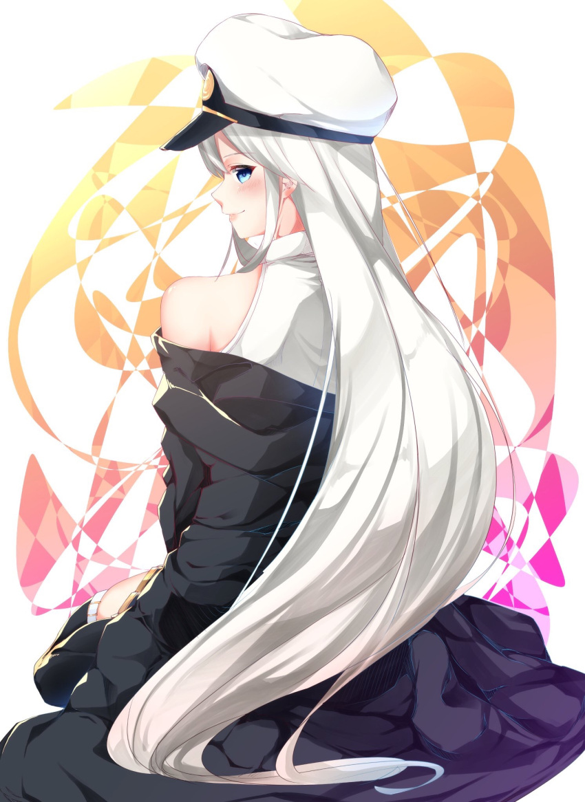 1girl azur_lane back black_coat black_legwear coat collared_shirt enterprise_(azur_lane) hat highres long_hair military miniskirt multicolored multicolored_background open_clothes open_coat peaked_cap shirt silver_hair skirt sleeveless sleeveless_shirt smile squatting thigh-highs violet_eyes white_hat yople_star_man