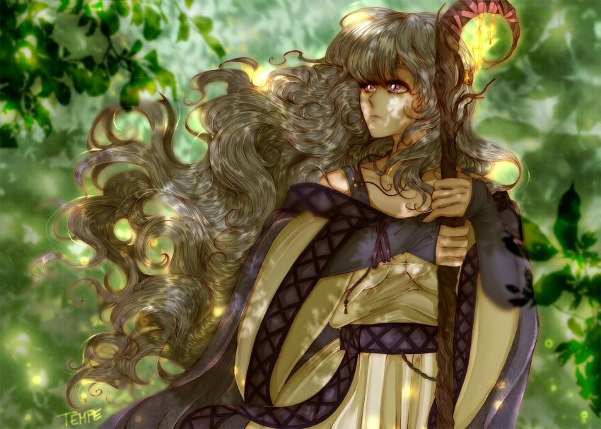 1girl diadora_(fire_emblem) dress fire_emblem fire_emblem:_seisen_no_keifu forest highres holding long_hair nature outdoors signature solo staff tempe violet_eyes wavy_hair white_hair