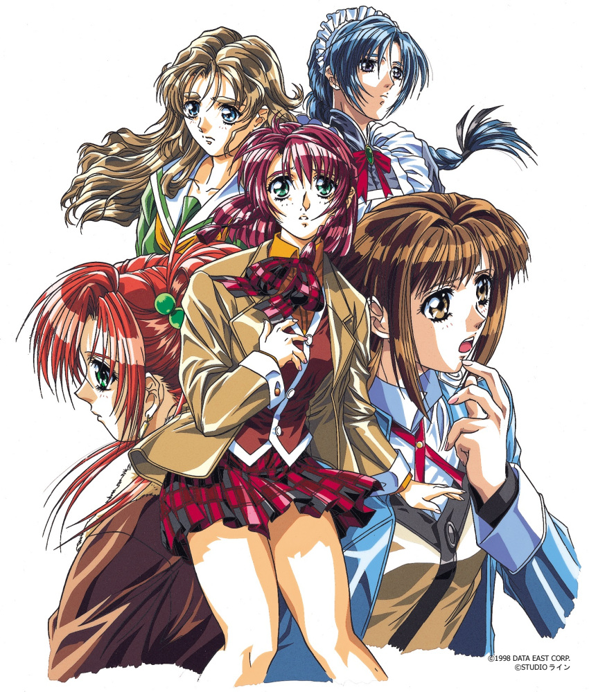 1998 5girls 90s aoki_chisa blue_eyes blue_hair brown_eyes brown_hair copyright dated doukoku_soshite green_eyes hand_on_own_chest hand_to_own_mouth hatori_itsumi highres jacket long_hair long_sleeves low-tied_long_hair multiple_girls norma_wendy official_art open_clothes open_jacket open_mouth parted_lips plaid plaid_skirt pleated_skirt profile redhead sasamoto_riyo school_uniform shirakawa_kosuzu simple_background skirt thick_eyebrows twintails white_background yokota_mamoru