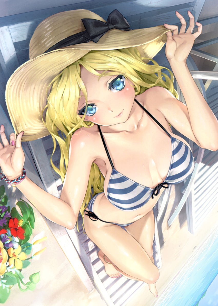 1girl absurdres bangs bare_shoulders barefoot beach beach_chair bikini blonde_hair blue_eyes breasts closed_mouth clouds cloudy_sky day eyebrows_visible_through_hair fingernails flower front-tie_bikini front-tie_top happoubi_jin hat highres jewelry lips medium_breasts nail_polish navel ocean outdoors scan shiny shiny_hair shiny_skin side-tie_bikini sitting sky smile solo stomach striped striped_bikini sun_hat sweat sweatdrop swimsuit thighs toenail_polish toenails toes toranoana water