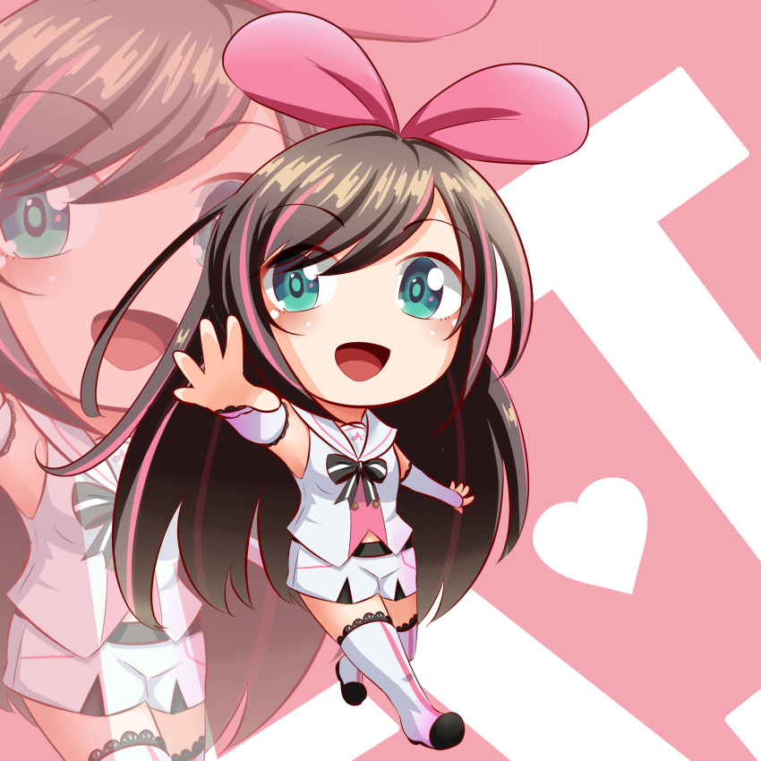 1girl a.i._channel absurdres boots chibi full_body green_eyes hair_ribbon hairband headband highres kizuna_ai long_hair long_sleeves looking_at_viewer mashiro_yozakura multicolored_hair open_mouth pink_hairband pink_ribbon ribbon shirt short_shorts shorts sleeveless sleeveless_shirt smile solo streaked_hair thigh-highs thigh_boots very_long_hair virtual_youtuber white_footwear white_shirt white_shorts