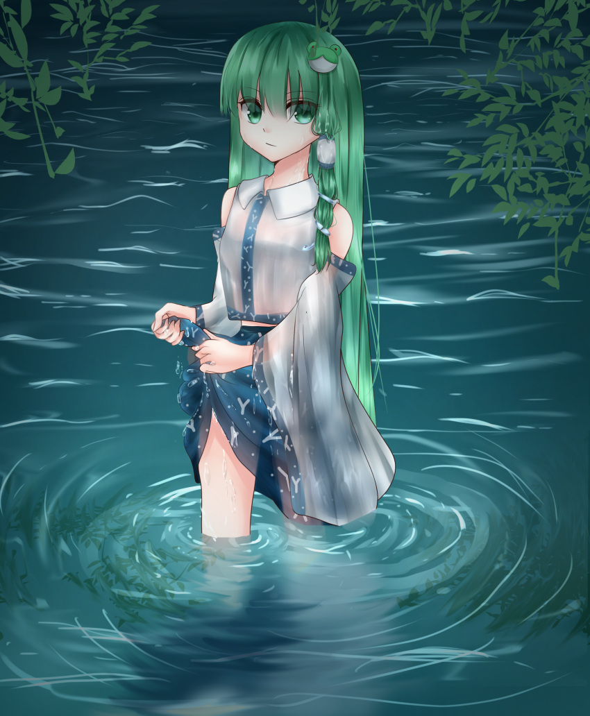 1girl blue_skirt breasts closed_mouth collared_shirt commentary detached_sleeves eyebrows_visible_through_hair eyes_visible_through_hair frog_hair_ornament green_eyes green_hair hair_ornament hair_tubes highres kochiya_sanae leaf long_hair looking_at_viewer medium_breasts midriff_peek reflection ripples ruuna_0111 shirt skirt snake_hair_ornament solo standing touhou very_long_hair wading water wet wet_clothes white_shirt wide_sleeves wringing_clothes wringing_skirt