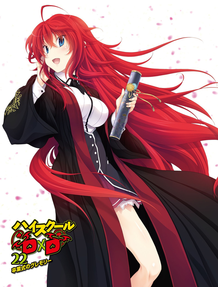 1girl :d ahoge black_neckwear blue_eyes breasts eyebrows_visible_through_hair floating_hair hair_between_eyes hand_in_hair high_school_dxd highres holding large_breasts long_hair miniskirt miyama-zero official_art open_mouth pleated_skirt purple_skirt redhead rias_gremory simple_background skirt smile solo standing very_long_hair white_background