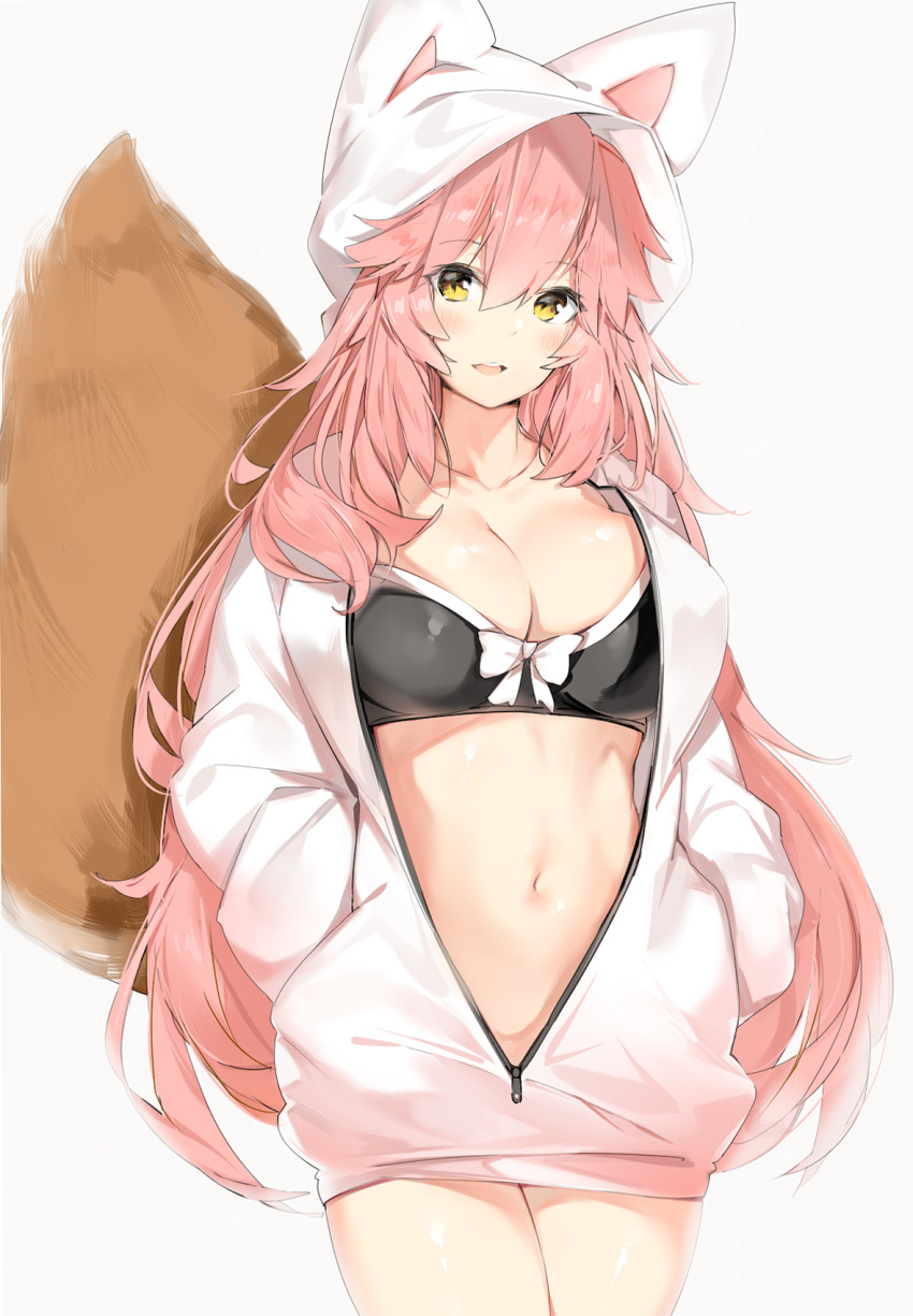 1girl :d animal_ears animal_hood bangs bikini_top black_bikini_top blush bow bow_bikini breasts cleavage collarbone cowboy_shot eyebrows_visible_through_hair fate/extra fate/grand_order fate_(series) fox_ears fox_girl fox_hood fox_tail grey_background hair_between_eyes hands_in_pockets head_tilt highres hood hood_up hoodie large_breasts long_hair long_sleeves looking_at_viewer navel open_clothes open_hoodie open_mouth partially_unzipped pink_hair silver_(chenwen) simple_background smile solo standing stomach tail tamamo_(fate)_(all) tamamo_no_mae_(fate) tareme unzipped upper_teeth very_long_hair white_bow white_hoodie yellow_eyes zipper