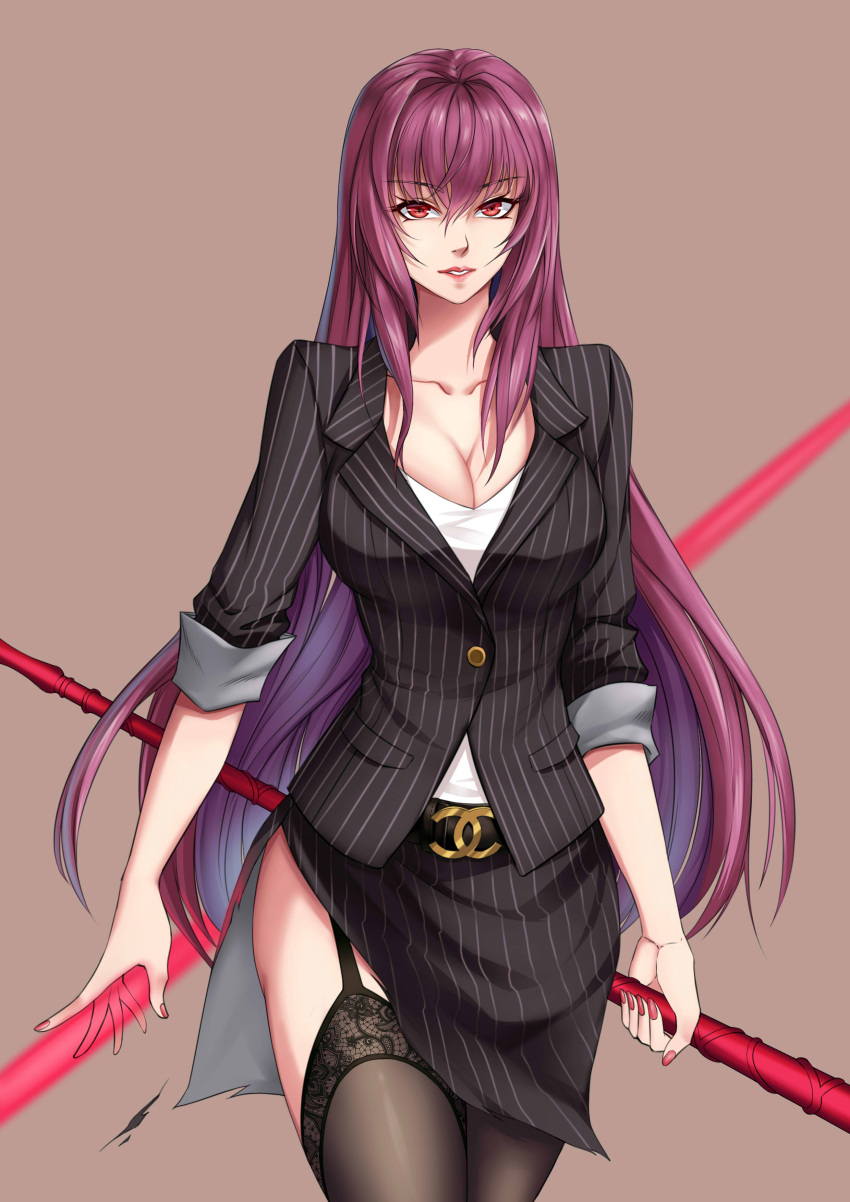 absurdres alternate_costume belt belt_buckle breasts buckle business_suit cleavage collarbone collared_shirt cowboy_shot dress_shirt eyebrows_visible_through_hair fate/grand_order fate_(series) formal gae_bolg garter_straps hair_intakes highres holding holding_weapon large_breasts long_hair looking_at_viewer nail_polish office_lady polearm purple_hair red_eyes scathach_(fate/grand_order) shirt skirt skirt_suit sleeves_rolled_up spear suit thigh-highs thighs weapon xiao_gen