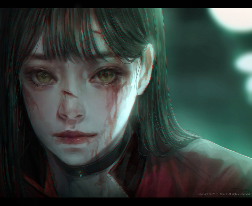 1girl blood blood_on_face brown_eyes brown_hair commentary cuts face highres injury letterboxed lips long_hair looking_at_viewer nose original portrait shal.e simple_background solo work_in_progress