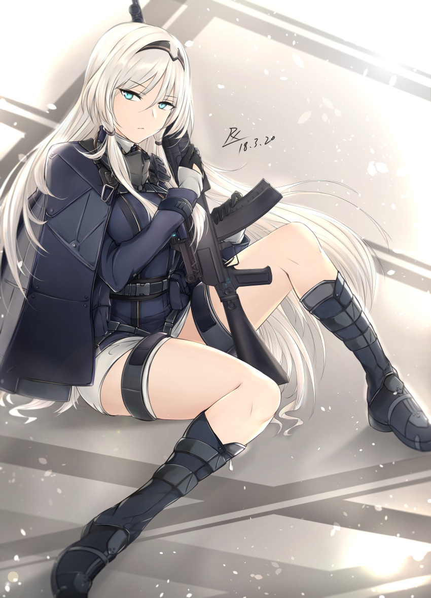 1girl absurdres an-94 an-94_(girls_frontline) assault_rifle bangs black_gloves blonde_hair blue_eyes boots braid breasts closed_mouth coat dated eyebrows_visible_through_hair floating_hair girls_frontline gloves gun hairband highres holding holding_gun holding_weapon knee_boots knee_up long_hair long_sleeves looking_at_viewer mask petals rifle short_shorts shorts sidelocks signature silver_hair sitting tactical_clothes thigh_strap thighs walkie-talkie weapon white_shorts wind zhishi_ge_fangzhang