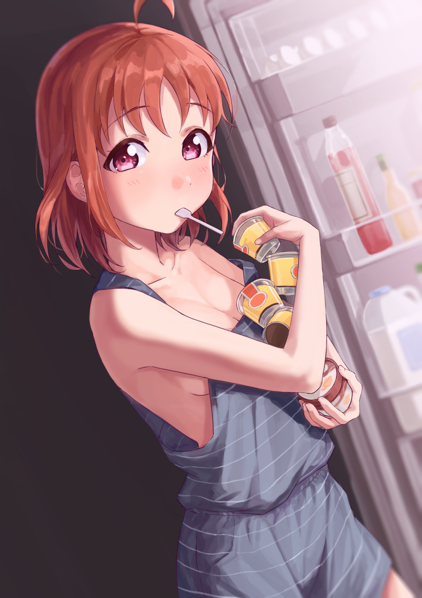 1girl absurdres ahoge bangs blue_shorts blue_tank_top breasts cleavage food gamjolno highres holding holding_food looking_at_viewer loose_clothes love_live! love_live!_sunshine!! orange_hair pudding red_eyes refrigerator short_hair shorts solo spoon_in_mouth striped striped_shorts striped_tank_top takami_chika tank_top