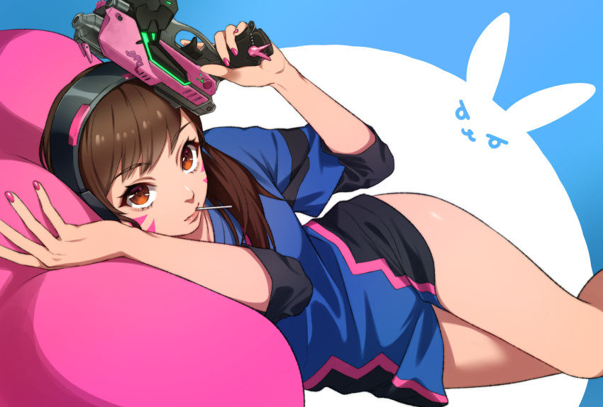 &gt;:3 1girl adapted_costume bangs bare_legs blue_shirt breasts brown_eyes brown_hair bubble_blowing candy charm_(object) chewing_gum closed_mouth d.va_(overwatch) eyebrows_visible_through_hair eyelashes facepaint facial_mark feet_out_of_frame fingernails food gun hand_up handgun headphones highres holding holding_gun holding_weapon legs legs_together lips lollipop long_fingernails long_hair looking_at_viewer lying mouth_hold nail_polish nose on_side overwatch pillow pink_lips pink_nails pistol shirt sleeves_past_elbows solo sumino_akasuke trigger_discipline weapon whisker_markings