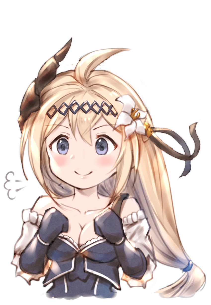 &gt;:) 1girl absurdres ahoge bangs bare_shoulders black_ribbon blonde_hair blue_dress blue_eyes blue_gloves blush breasts cleavage closed_mouth collarbone commentary_request detached_sleeves dress elbow_gloves eyebrows_visible_through_hair flower gloves granblue_fantasy hair_between_eyes hair_flower hair_ornament hair_ribbon highres horns jeanne_d'arc_(granblue_fantasy) long_hair long_sleeves low-tied_long_hair medium_breasts milli_little ribbon simple_background smile solo v-shaped_eyebrows very_long_hair white_background white_flower