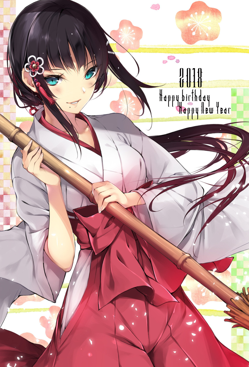 1girl 2018 absurdres aqua_eyes black_hair blush broom checkered checkered_border commentary_request floral_background flower hair_flower hair_ornament hakama happy_birthday happy_new_year hario_4 highres japanese_clothes kurosawa_dia long_hair love_live! love_live!_sunshine!! low_ponytail miko mole mole_under_mouth new_year parted_lips petals red_hakama solo tassel very_long_hair wide_sleeves