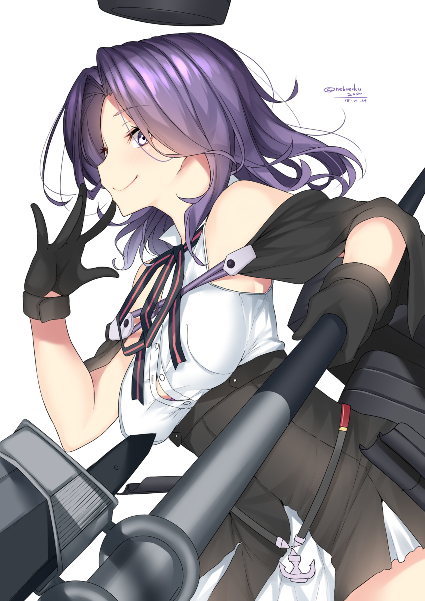 1girl black_gloves black_skirt closed_mouth dated eyebrows_visible_through_hair from_side gloves high-waist_skirt highres holding kantai_collection looking_at_viewer nebusoku purple_hair rigging simple_background skirt smile solo tatsuta_(kantai_collection) twitter_username violet_eyes white_background