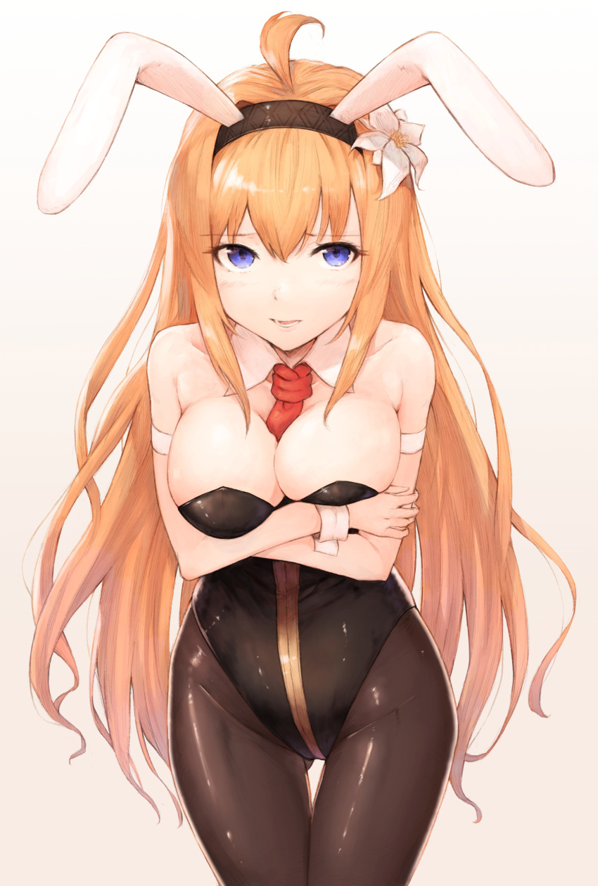 1girl absurdres ahoge animal_ears between_breasts black_leotard blonde_hair blue_eyes breast_squeeze breasts brown_legwear bunny_girl bunny_tail bunnysuit cleavage commentary_request cowboy_shot crossed_arms detached_collar flower gluteal_fold granblue_fantasy hair_flower hair_ornament highres jeanne_d'arc_(granblue_fantasy) koretsuki_azuma large_breasts leotard long_hair looking_at_viewer necktie pantyhose rabbit_ears red_neckwear solo strapless strapless_leotard tail thigh_gap white_background wrist_cuffs