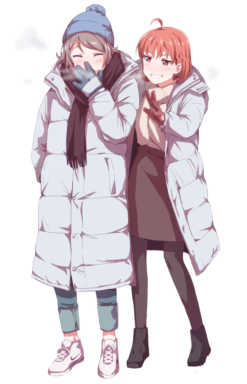 2girls \||/ absurdres ahoge black_footwear black_legwear black_scarf black_skirt blue_gloves boots bow braid breath coat full_body gamjolno gloves grey_coat grin hair_bow hat highres long_sleeves love_live! love_live!_sunshine!! multiple_girls panties parka red_gloves scarf shoes side_braid simple_background skirt smile standing takami_chika underwear watanabe_you white_background white_footwear winter_clothes yawning