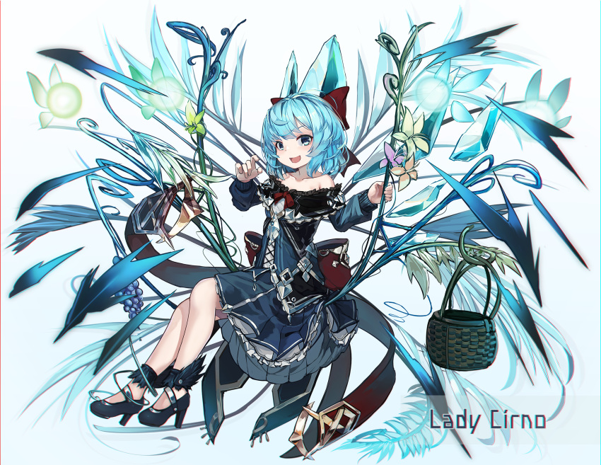 1girl :d alternate_costume anklet bag bare_shoulders black_footwear blue_dress blue_eyes blue_hair bow character_name cirno collarbone commentary_request dress fairy fairy_wings flower frilled_dress frills full_body hair_bow hands_up high_heels highres ice ice_wings jewelry long_sleeves looking_at_viewer medium_dress medium_hair natori_youkai off-shoulder_dress off_shoulder open_mouth red_bow sitting smile solo_focus touhou wings