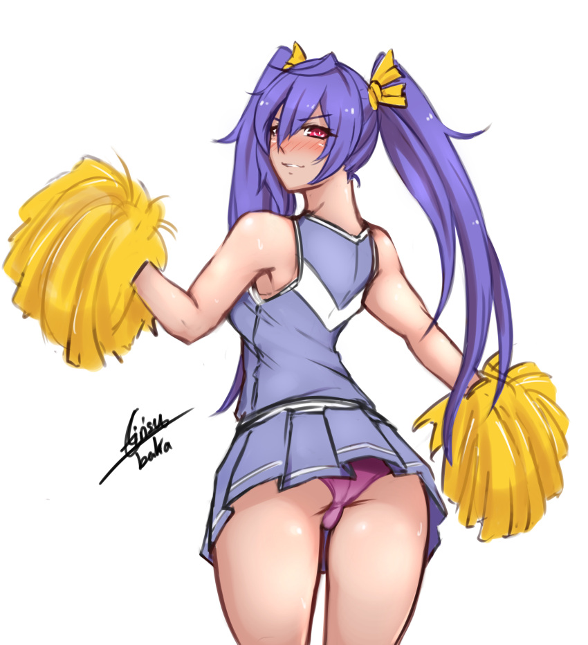 1girl absurdres airisubaka alternate_costume blue_hair blush breasts cheerleader highres iris_heart long_hair looking_at_viewer neptune_(series) panties pantyshot pink_panties pom_poms purple_hair red_eyes skirt smile solo symbol-shaped_pupils twintails underwear very_long_hair