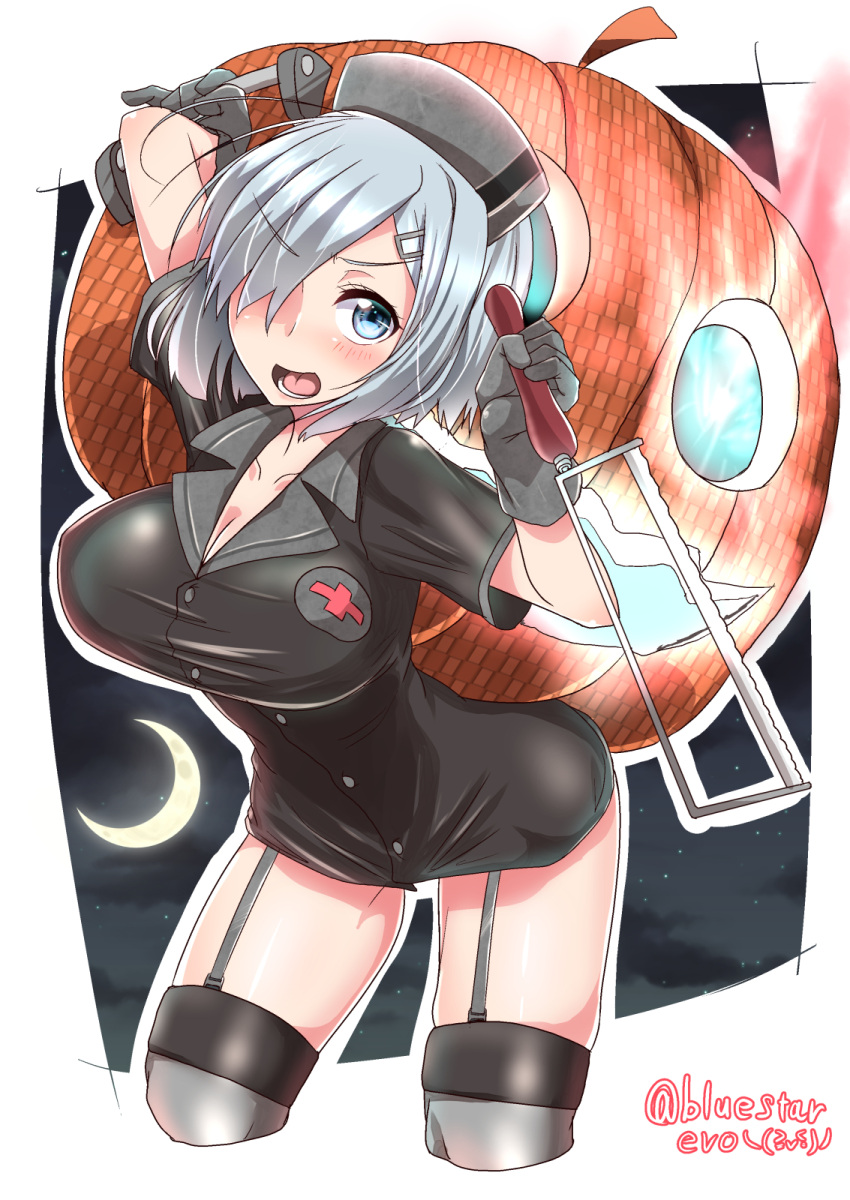 1girl blue_eyes blush bonesaw breasts cleavage cowboy_shot evo_(pixiv13178077) garter_straps gloves hair_ornament hair_over_one_eye hairclip halloween halloween_costume hamakaze_(kantai_collection) hat highres jack-o'-lantern kantai_collection large_breasts looking_at_viewer nurse nurse_cap open_mouth pumpkin saw short_hair silver_hair solo thigh-highs thighs