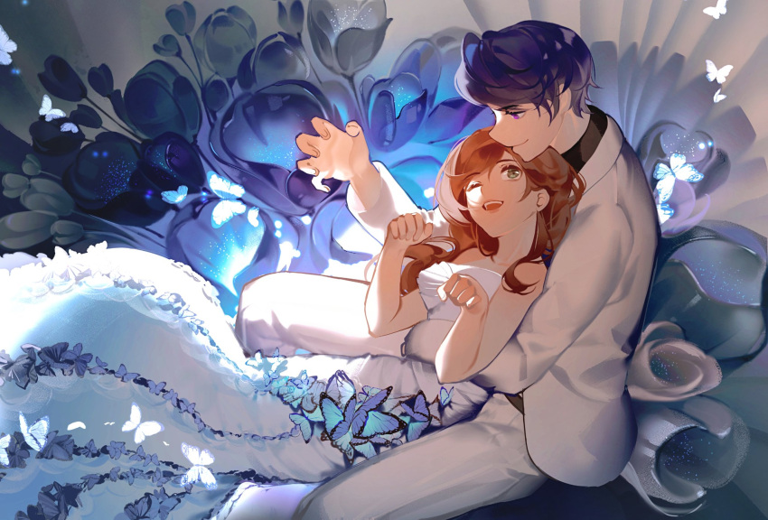 1boy 1girl :d bare_shoulders black_shirt brown_hair closed_mouth collared_shirt dress formal green_eyes highres htwbjqdg8actmq6 jacket long_hair long_sleeves marius_von_hagen_(tears_of_themis) one_eye_closed open_mouth purple_hair rosa_(tears_of_themis) shirt short_hair sleeveless sleeveless_dress smile strapless strapless_dress tears_of_themis violet_eyes white_dress white_jacket