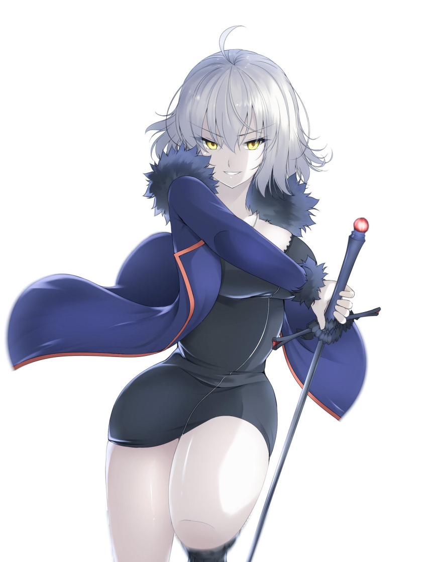 1girl ahoge bangs black_dress blue_coat breasts coat dress eyebrows_visible_through_hair fate/grand_order fate_(series) fur_trim grin hair_between_eyes highres hips jeanne_d'arc_(alter)_(fate) jeanne_d'arc_(fate)_(all) koro_(tyunnkoro0902) large_breasts looking_at_viewer open_clothes open_coat silver_hair simple_background smile solo sword thighs weapon white_background wicked_dragon_witch_ver._shinjuku_1999 yellow_eyes