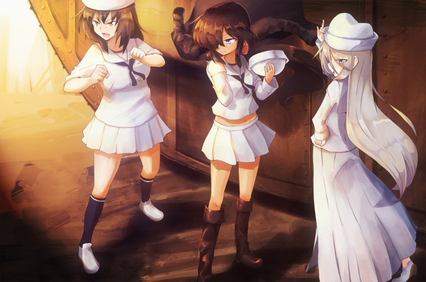 3girls :o blonde_hair blue_eyes boots brown_hair cape clenched_hands contrapposto day dixie_cup_hat expressionless eyes_visible_through_hair fighting_stance flint_(girls_und_panzer) full_body girls_und_panzer hair_over_one_eye hand_on_headwear hand_on_hip hat hat_removed headwear_removed highres holding holding_hat jinguu_(4839ms) knee_boots kneehighs long_hair long_skirt long_sleeves looking_to_the_side mark_iv_tank midriff military_hat multiple_girls murakami_(girls_und_panzer) navel navy_blue_legwear neckerchief ogin_(girls_und_panzer) ooarai_naval_school_uniform open_mouth outdoors pleated_skirt sailor_collar shadow short_hair short_sleeves skirt sleeves_pushed_up standing tan very_long_hair white_footwear white_skirt yellow_eyes