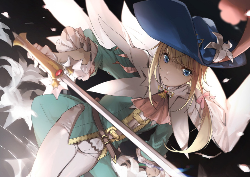 blonde_hair blue_eyes blue_hat bow chevalier_d'eon_(fate/grand_order) fate/grand_order fate_(series) feathers flower frilled_sleeves frills gloves hair_bow hair_feathers hair_flower hair_ornament hat holding holding_sword holding_weapon long_hair no-kan pants petals pink_bow solo sword weapon white_flower white_gloves white_pants