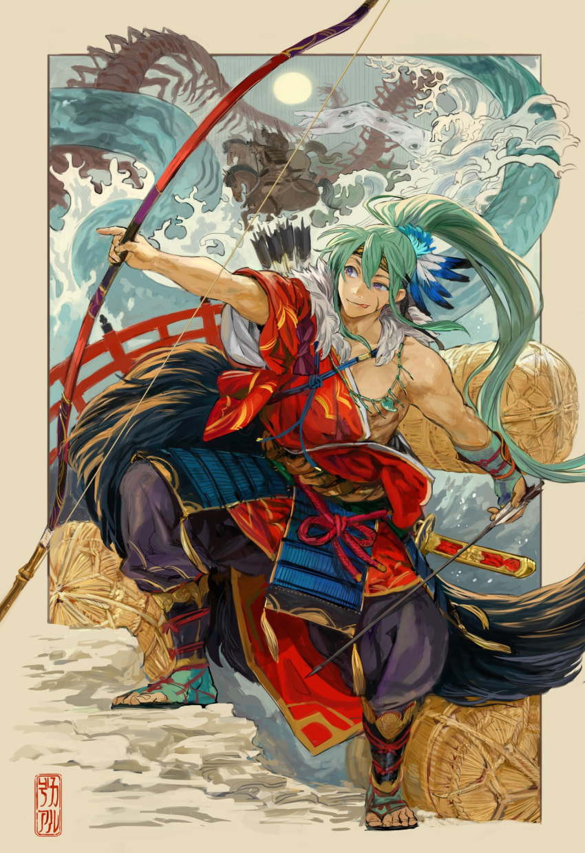 1boy armor arrow bow_(weapon) dodomeki fate/grand_order fate_(series) feathers green_hair hair_feathers highres horse japanese_armor japanese_clothes jewelry kusazuri magatama male_focus necklace outside_border ponytail quiver seamashima signature solo sword tawara_touta_(fate/grand_order) tongue tongue_out violet_eyes waves weapon youkai