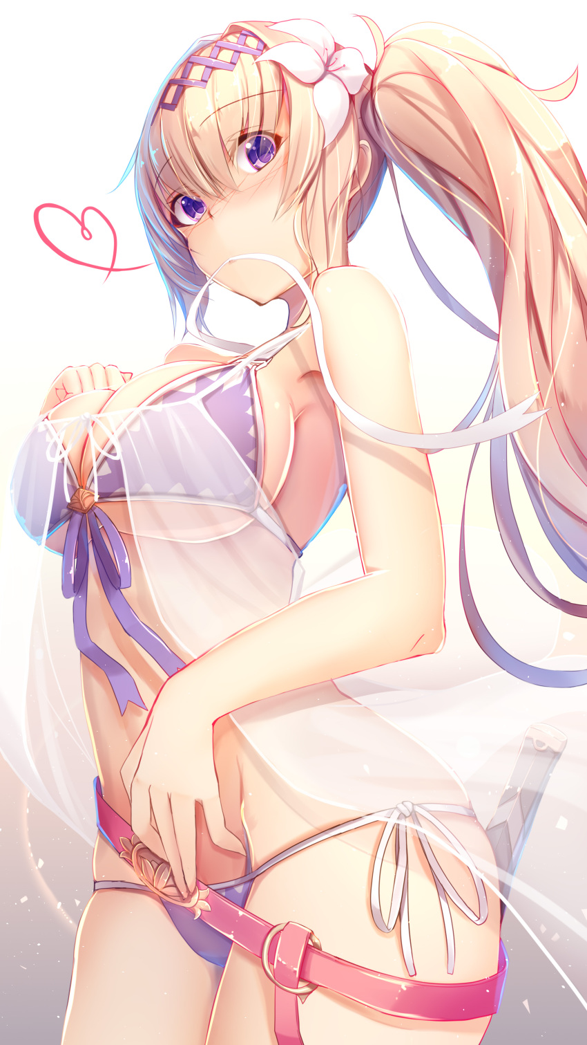 1girl absurdres belt bikini blonde_hair blush breasts closed_mouth commentary_request eyebrows_visible_through_hair flower front-tie_bikini front-tie_top granblue_fantasy hair_flower hair_intakes hair_ornament hairband hand_on_own_chest heart highres jeanne_d'arc_(granblue_fantasy) large_breasts long_hair looking_at_viewer nose_blush purple_bikini purple_hairband see-through sheath side-tie_bikini side-tie_bottom simple_background solo standing swimsuit tatapopo violet_eyes white_background
