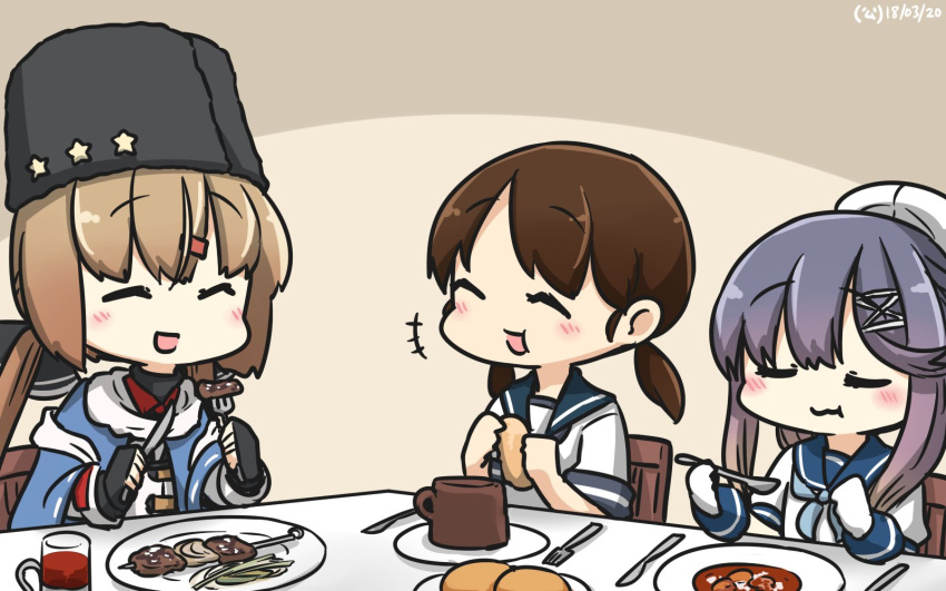 3girls black_hat blue_shawl blush bread brown_hair chair closed_eyes commentary dated eating fingerless_gloves food fork gloves gradient_hair hair_ornament hairclip hamu_koutarou hat highres holding holding_food kantai_collection knife low_twintails multicolored_hair multiple_girls open_mouth papakha plate sailor_collar sailor_hat school_uniform serafuku shirayuki_(kantai_collection) table tashkent_(kantai_collection) tsushima_(kantai_collection) twintails