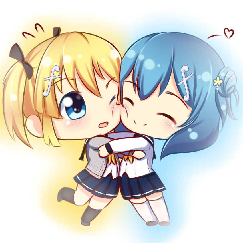 2girls absurdres battle_girl_high_school blonde_hair blue_eyes blue_hair blush chibi highres hug kneehighs kougami_kanon kunieda_shiho mashiro_yozakura multiple_girls sailor school_uniform serafuku smile thigh-highs twintails white_legwear yellow_eyes yuri