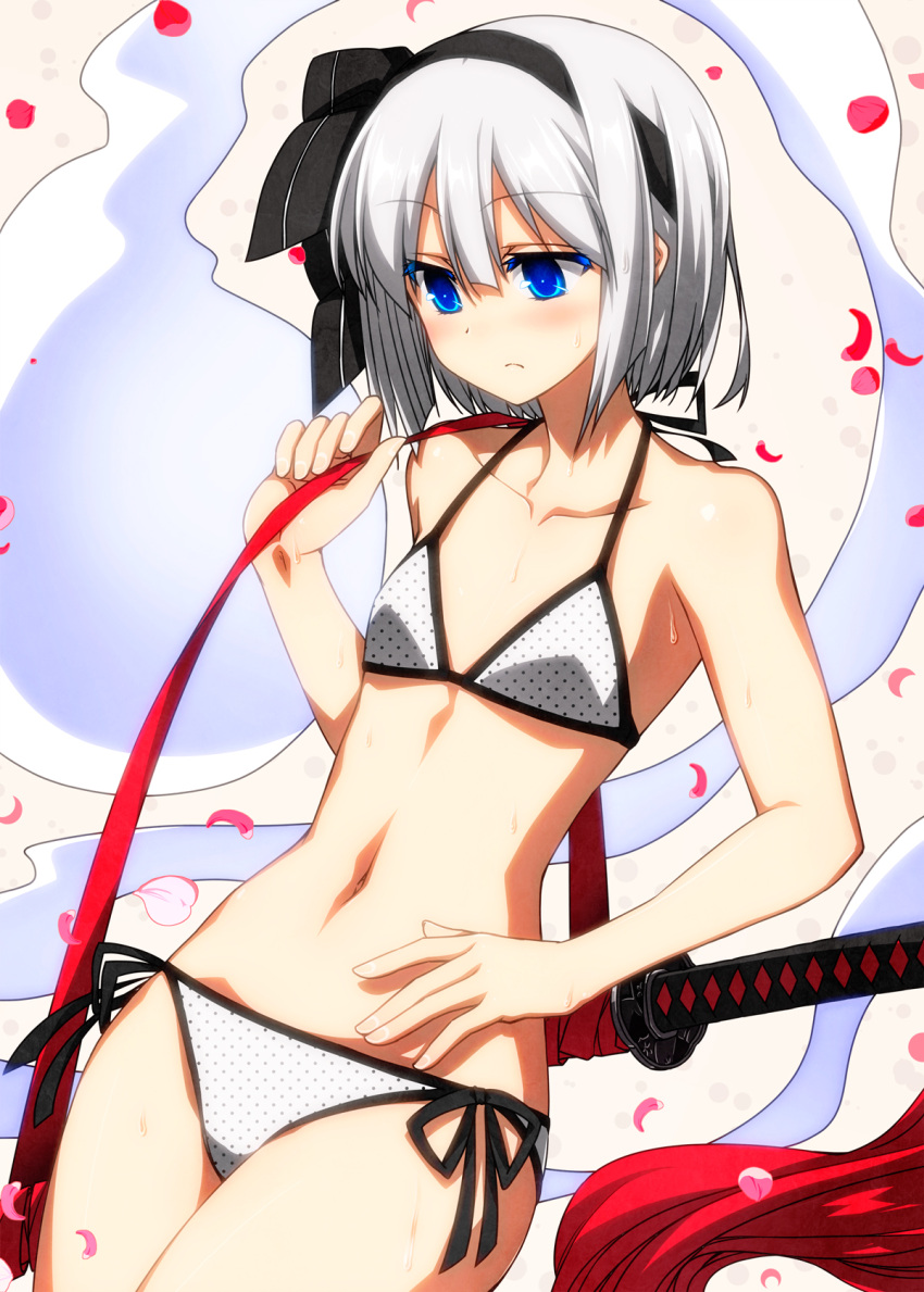 1girl bare_arms bare_shoulders bikini black_hairband black_ribbon blue_eyes cherry_blossoms collarbone colored_eyelashes cowboy_shot eyebrows_visible_through_hair flat_chest hair_ribbon hairband halter_top halterneck hand_on_hip highres konpaku_youmu konpaku_youmu_(ghost) looking_down ribbon sazanami_mio sheath side-tie_bikini silver_hair solo stomach sweat swimsuit sword touhou weapon white_bikini