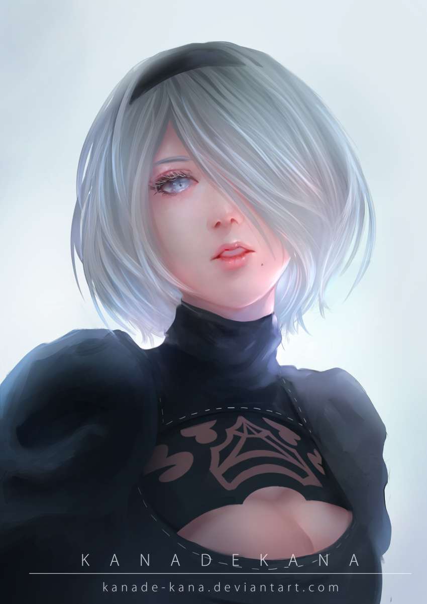 absurdres black_dress black_hairband blue_eyes breasts cleavage cleavage_cutout dress face facing_viewer hairband highres juliet_sleeves kanade_kana long_sleeves mole mole_under_mouth nier_(series) nier_automata pink_lips puffy_sleeves silver_hair yorha_no._2_type_b