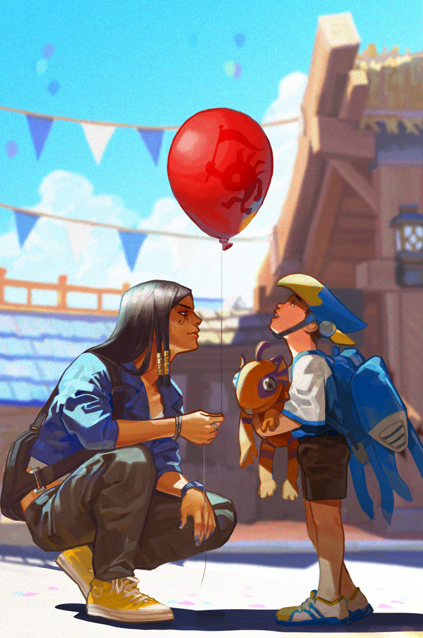 1boy 1girl absurdres backpack bag balloon black_hair blizzard_world blue_nails bracelet casual character_doll child cosplay dark_skin day eye_of_horus facial_tattoo hair_tubes highres jacket jewelry long_hair nail_polish one_knee overwatch pharah_(overwatch) pharah_(overwatch)_(cosplay) ring shoes sleeves_pushed_up smbbkai sneakers tattoo