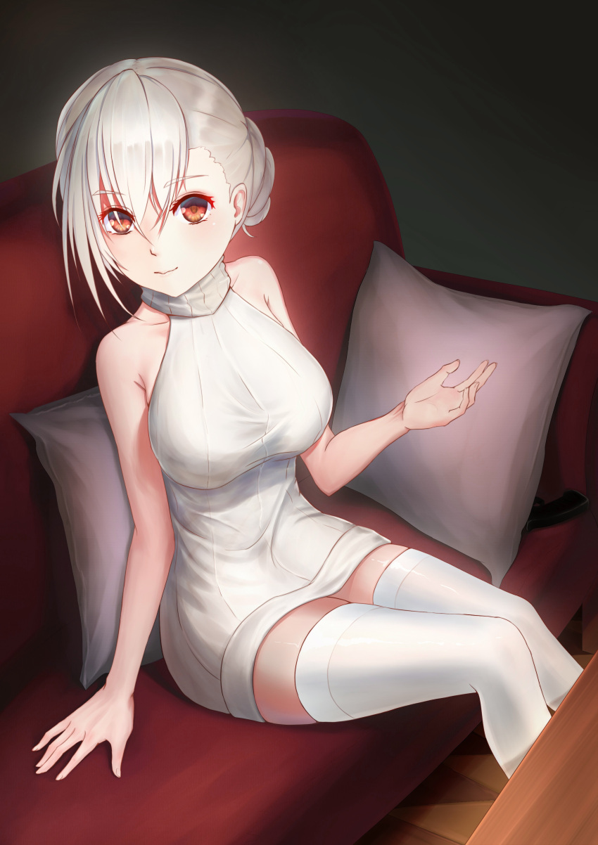1girl absurdres arm_support asymmetrical_hair couch eyebrows_visible_through_hair girls_frontline hair_between_eyes highres indoors looking_at_viewer meme_attire pillow red_eyes rmb-93_(girls_frontline) short_hair silver_hair sitting smile solo sweater sweater_vest thigh-highs virgin_killer_sweater white_legwear white_sweater xxiner zettai_ryouiki