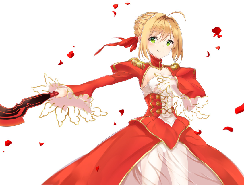 1girl aestus_estus ahoge bangs blush braid breasts cleavage closed_mouth commentary_request dress epaulettes eyebrows_visible_through_hair fate/extra fate_(series) hair_between_eyes hair_bun hair_intakes highres holding holding_sword holding_weapon juliet_sleeves long_sleeves looking_at_viewer medium_breasts nero_claudius_(fate) nero_claudius_(fate)_(all) outstretched_arm petals puffy_sleeves red_dress rose_petals see-through sidelocks simple_background smile solo sword toki_(yoyobozi) weapon white_background wide_sleeves