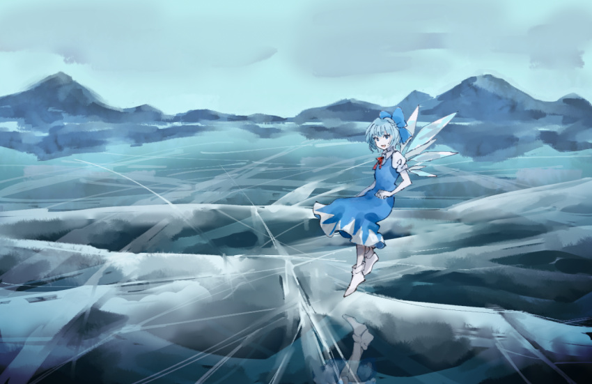 1girl aimai-me bangs blue_bow blue_dress blue_eyes blue_hair bow cirno commentary_request dress flying frozen_lake hair_bow looking_at_viewer mountain open_mouth puffy_short_sleeves puffy_sleeves red_neckwear short_hair short_sleeves skirt sky touhou white_footwear wings