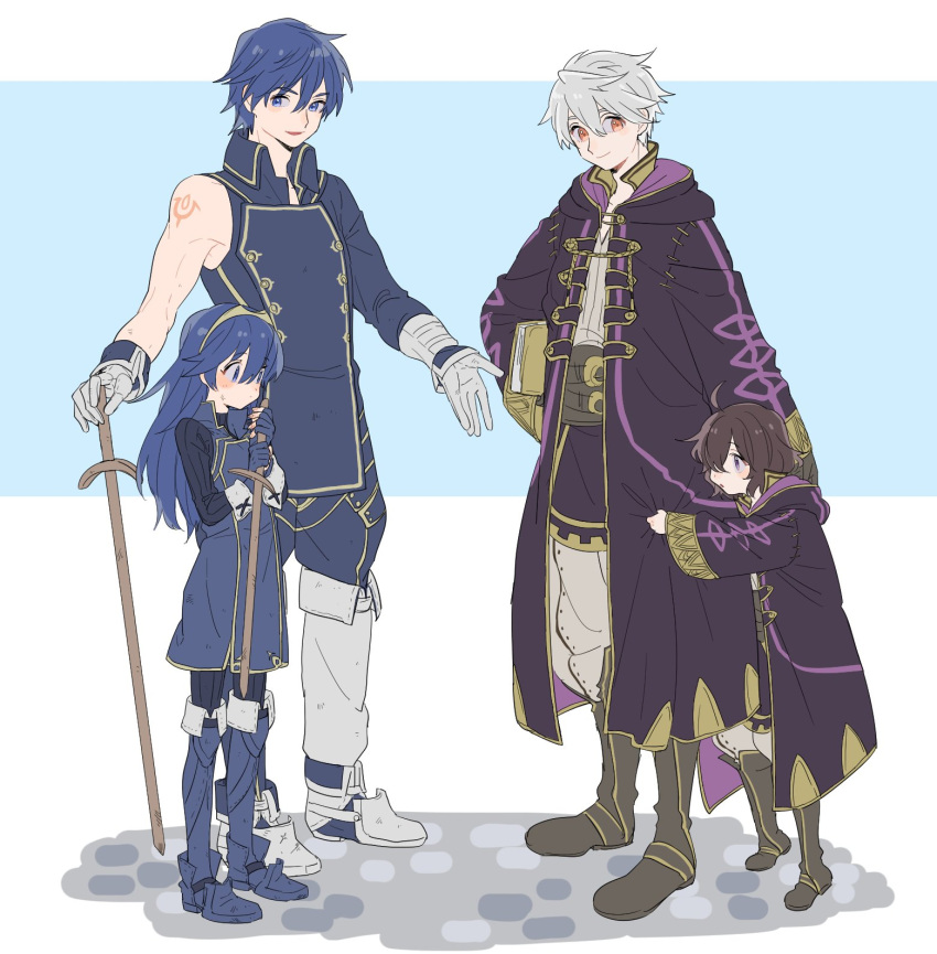 2boys 2girls ahoge black_hair blue_eyes blue_hair blush cape falchion_(fire_emblem) father_and_daughter fire_emblem fire_emblem:_kakusei gloves highres hood hooded_jacket itou_(very_ito) jacket krom long_hair lucina male_my_unit_(fire_emblem:_kakusei) mamkute mark_(fire_emblem) multiple_boys multiple_girls my_unit_(fire_emblem:_kakusei) open_mouth robe short_hair smile tiara white_hair younger